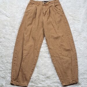 Zara camel barrel leg jeans NWOT high rise pleated ankle pants US 2